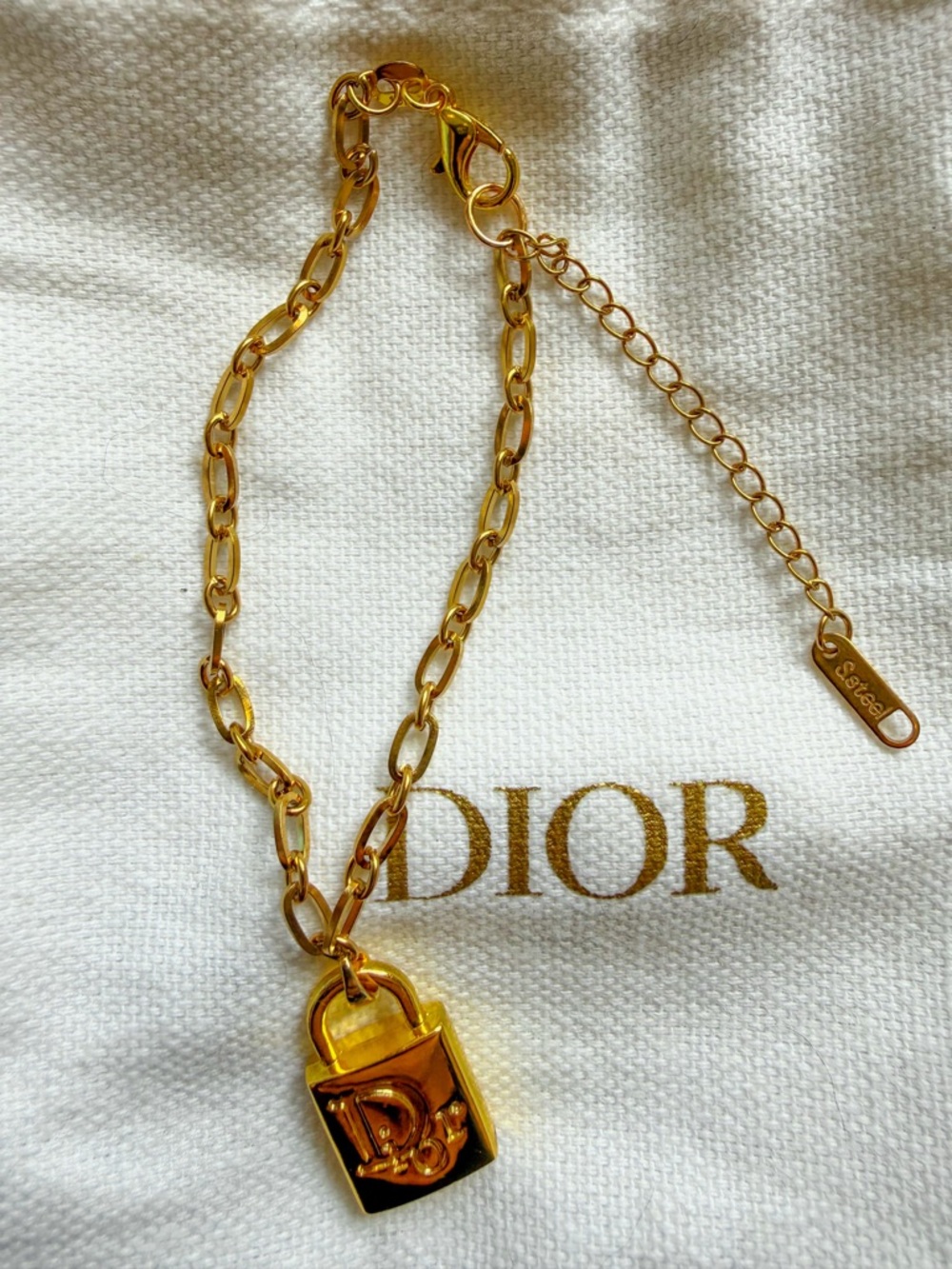 AUTHENTIC Dior Gold Padlock Charm on SS 18K gold Bracelet - Women Jewelry - Picture 2 of 3